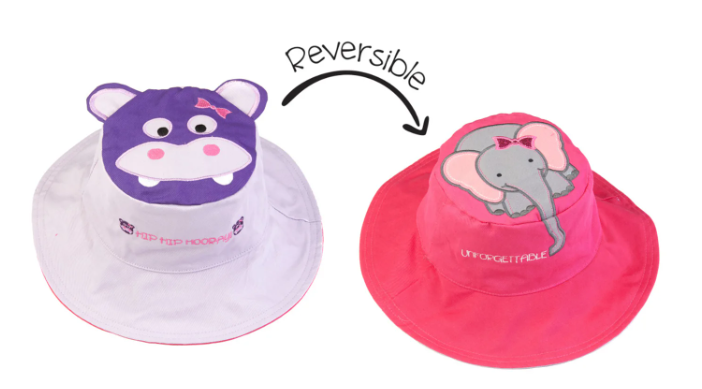 Reversible Kid's Sun Hat Hippo/Elephant