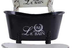Small ornamental Black Claw foot Bathtub with Le Bain on it 