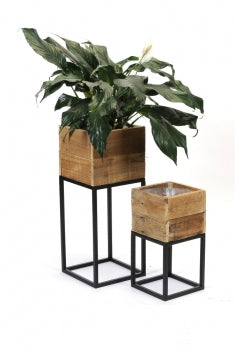 Square Wood Planter on Black Metal Base **Pick Up Only**