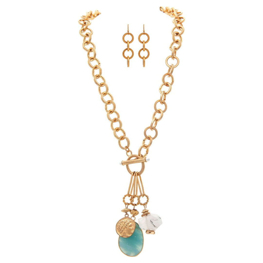Gold Coin and Stone Drop Chain Necklace Set - Rain