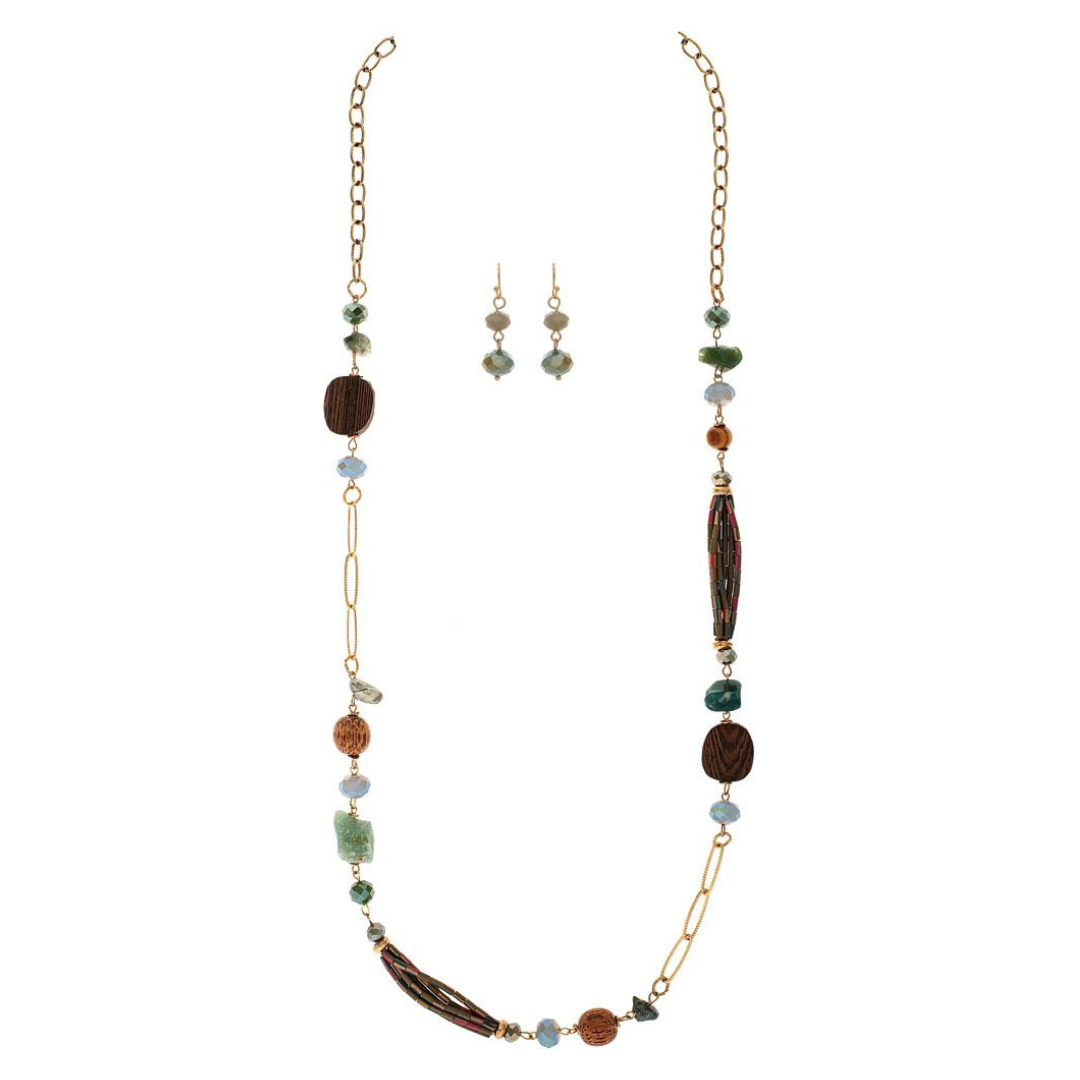Rain - Gold Wood Glass & Tube Bead Necklace Set