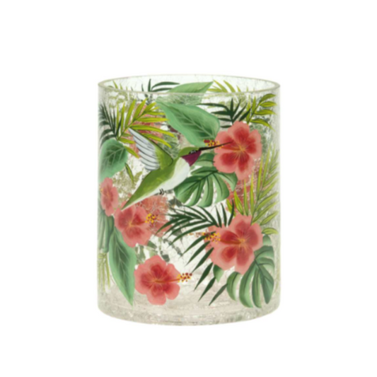 Crackle Glass Candle Holder with Hummingbird