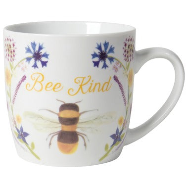 White mug with bee and floral pattern with Yellow writing that says Bee Kind