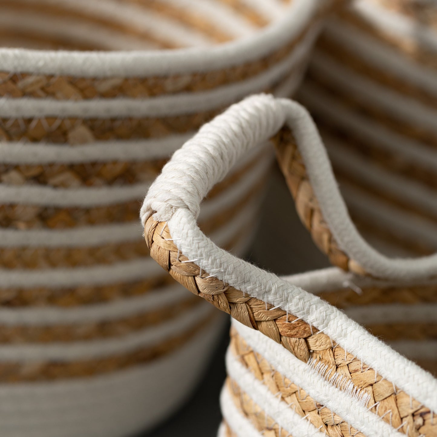 White and Natural Oblong Braided Basket with Handles (3 sizes)
