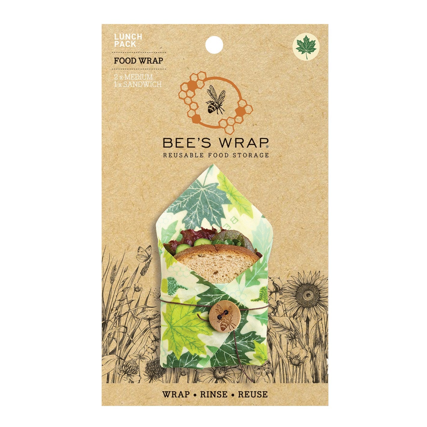 Set of 3 Bees Wrap Lunch Pack with leaf pattern and button closure