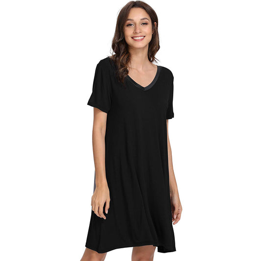 bamboo v neck a line night gown black with short sleeves