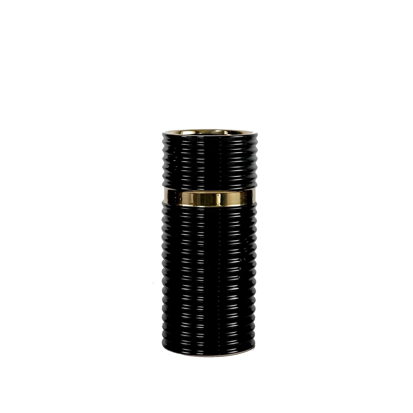 Tall Black Ribbed Vase with Gold Accents