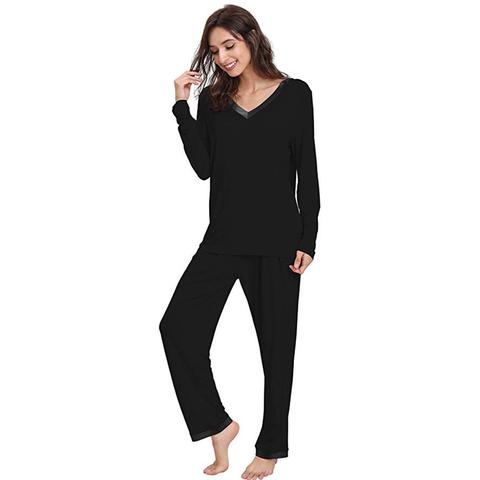 Black Bamboo Long Sleeve V Neck PJ Set 