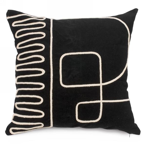 Black Cushion with Natural Embroidered Design