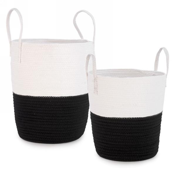 tall white and black basket with white handles 