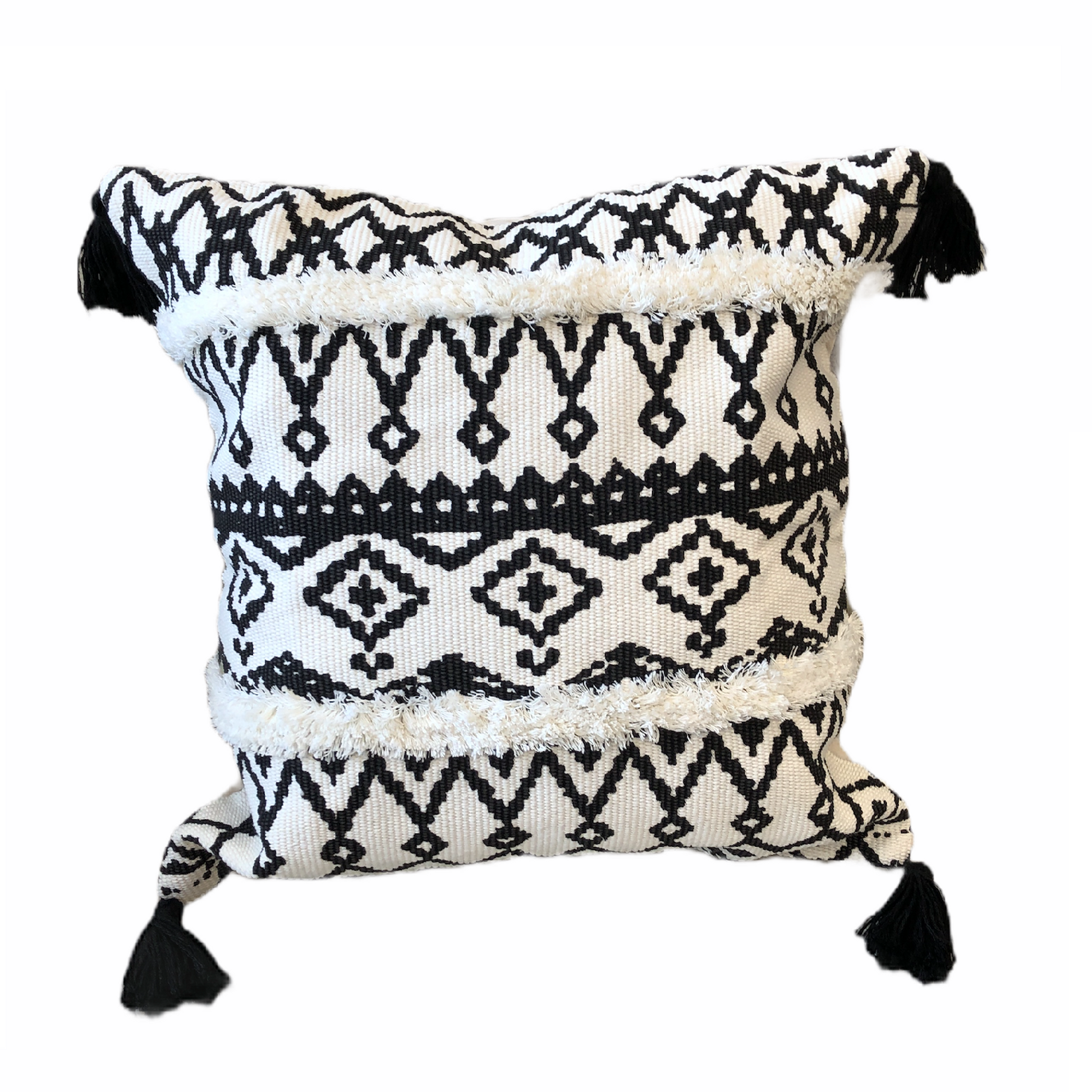 Black and White square cushion with black tassels and black pattern 