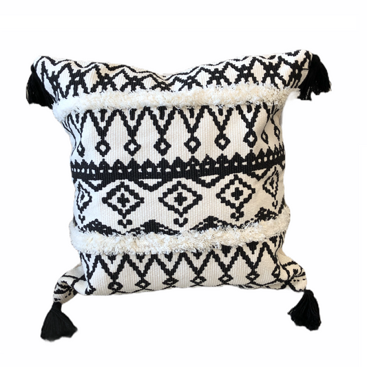 Black and White square cushion with black tassels and black pattern 