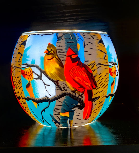 Glass Tea Light Holder - Cardinals
