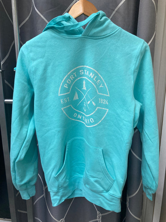 Aqua Unisex Hoodie with with circle Port Stanley Logo in the centre