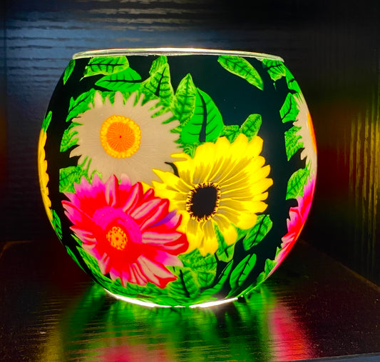 Glass Tea Light Holder - Daisies