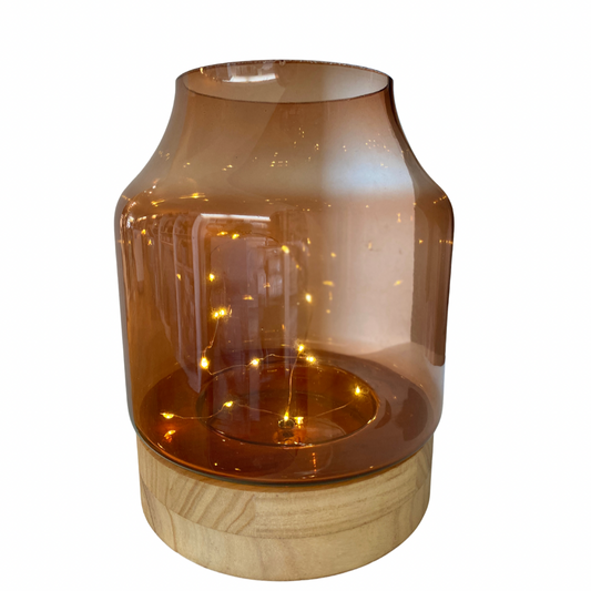 LED Burnt Orange Lantern with Wood Base