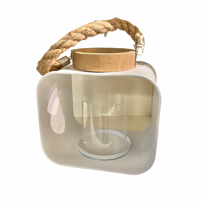 White Metal Lantern with Wood Trim and Rope Handle (2 Sizes)