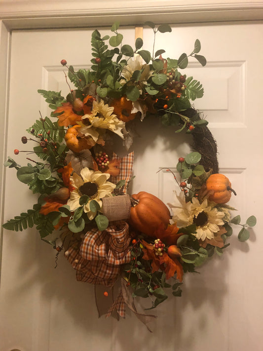 Fall Wreath with Pumpkins and Sunflowers *Store Pick Up Only*