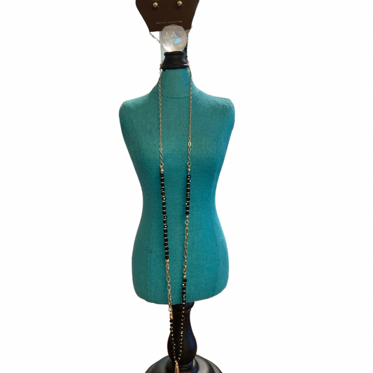 Gold Bar Black Bead Chain Necklace