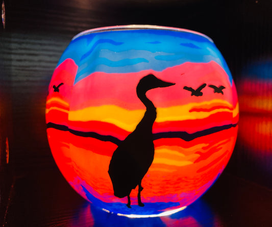 Glass Tea Light Holder - Heron Sunset