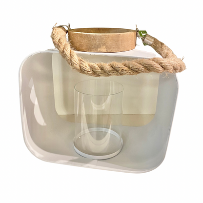White Metal Lantern with Wood Trim and Rope Handle (2 Sizes)