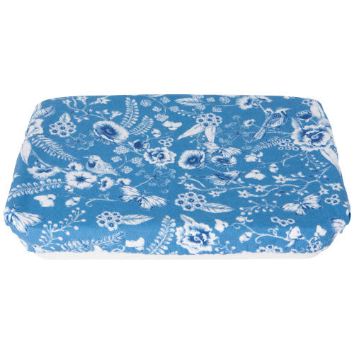 Royal and Navy Blue fabric and elastic baking dish covers with white floral pattern