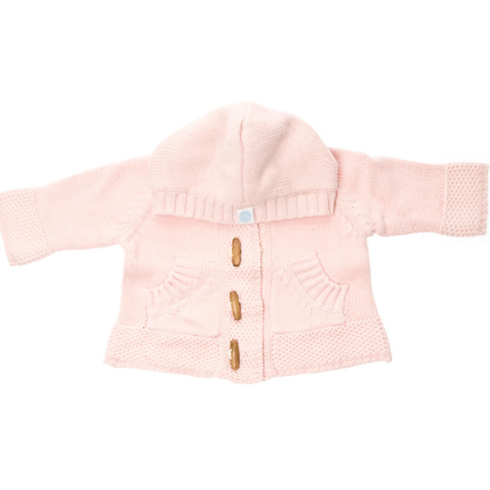 Pale pink knitted baby sweater with wooden toggle buttons 