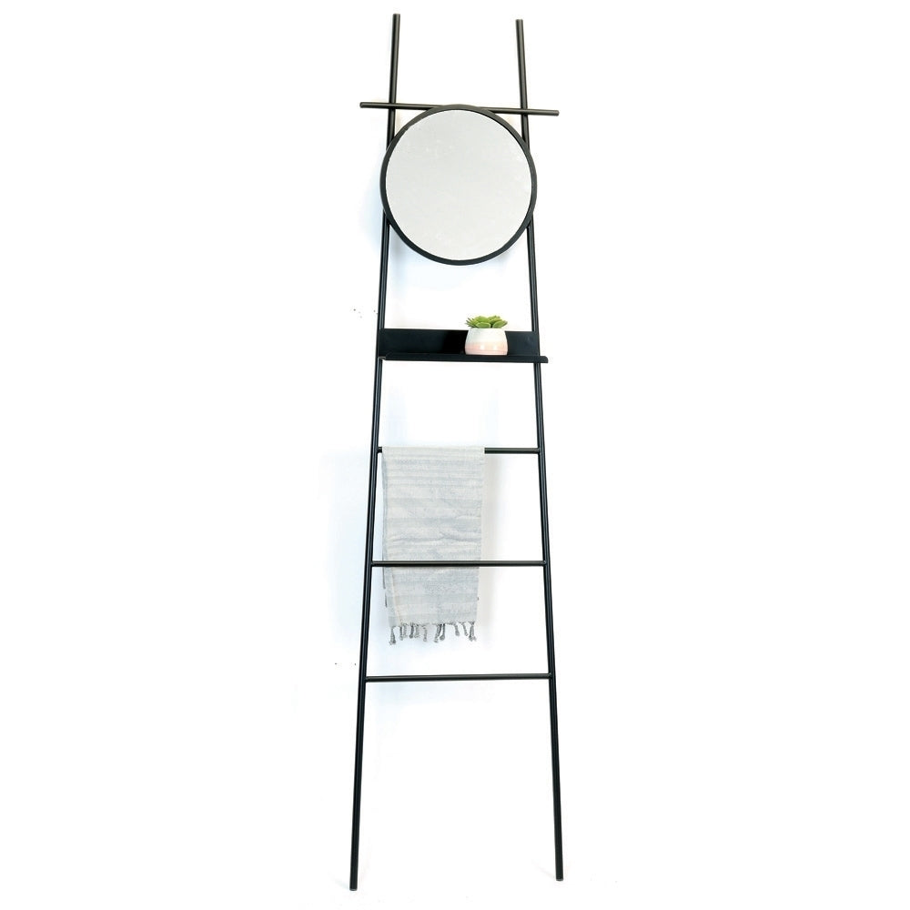 tall black ladder with black shelf and circle mirror 