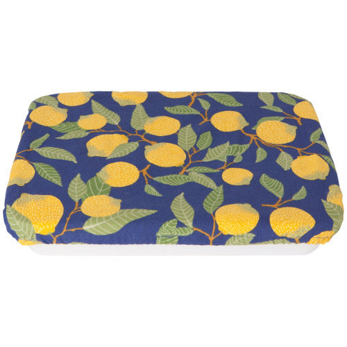 Blue rectangular baking dish cover with elastic. Yellow lemon and green leaves print 