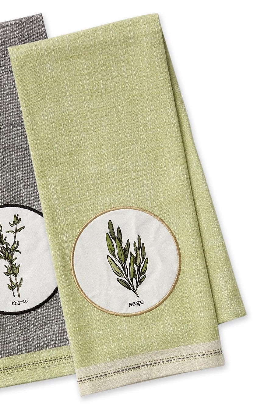 Herbal Embellished Tea Towel - Sage