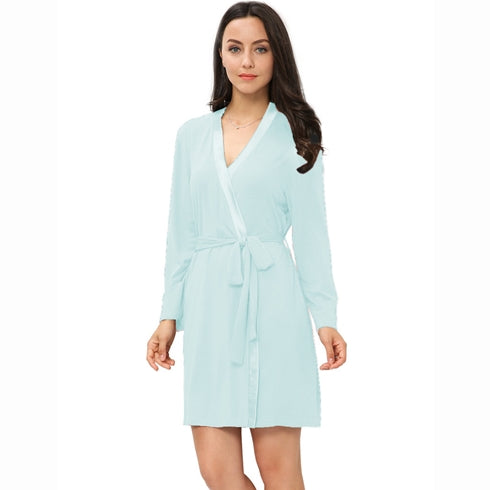 Mist color Bamboo short robe with satin detail 