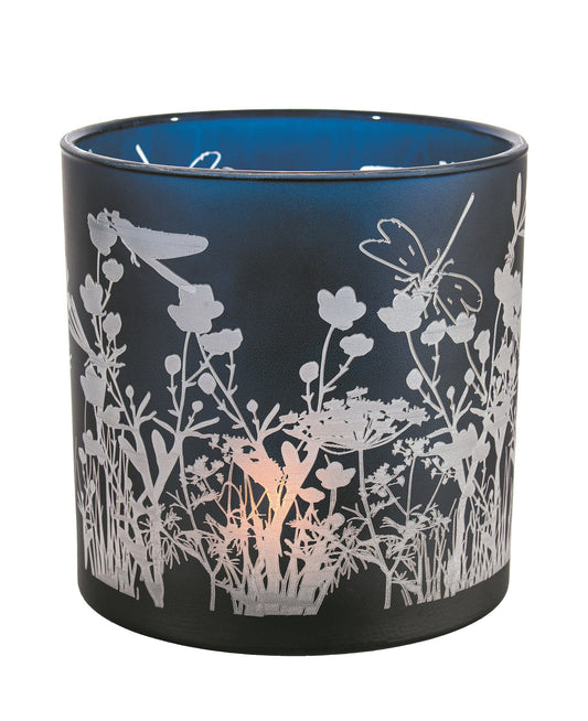 Navy Frosted Flowers & Dragonflies Candle Holder 6"