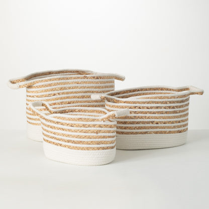 White and Natural Oblong Braided Basket with Handles (3 sizes)