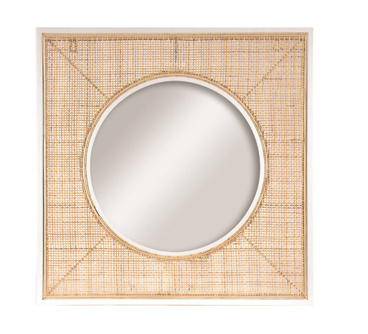 Rattan and White Metal Mirror **Store Pickup Only**