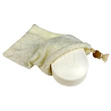 Small beige colour bamboo soap sack with draw close and bead