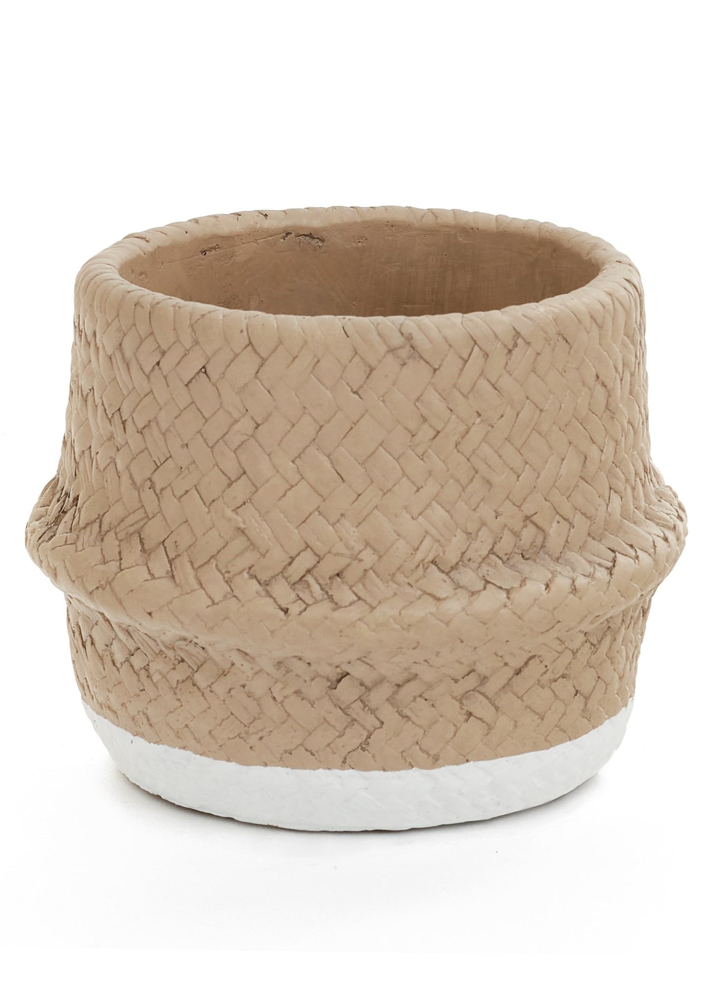beige and white cement planter that looks woven like a basket