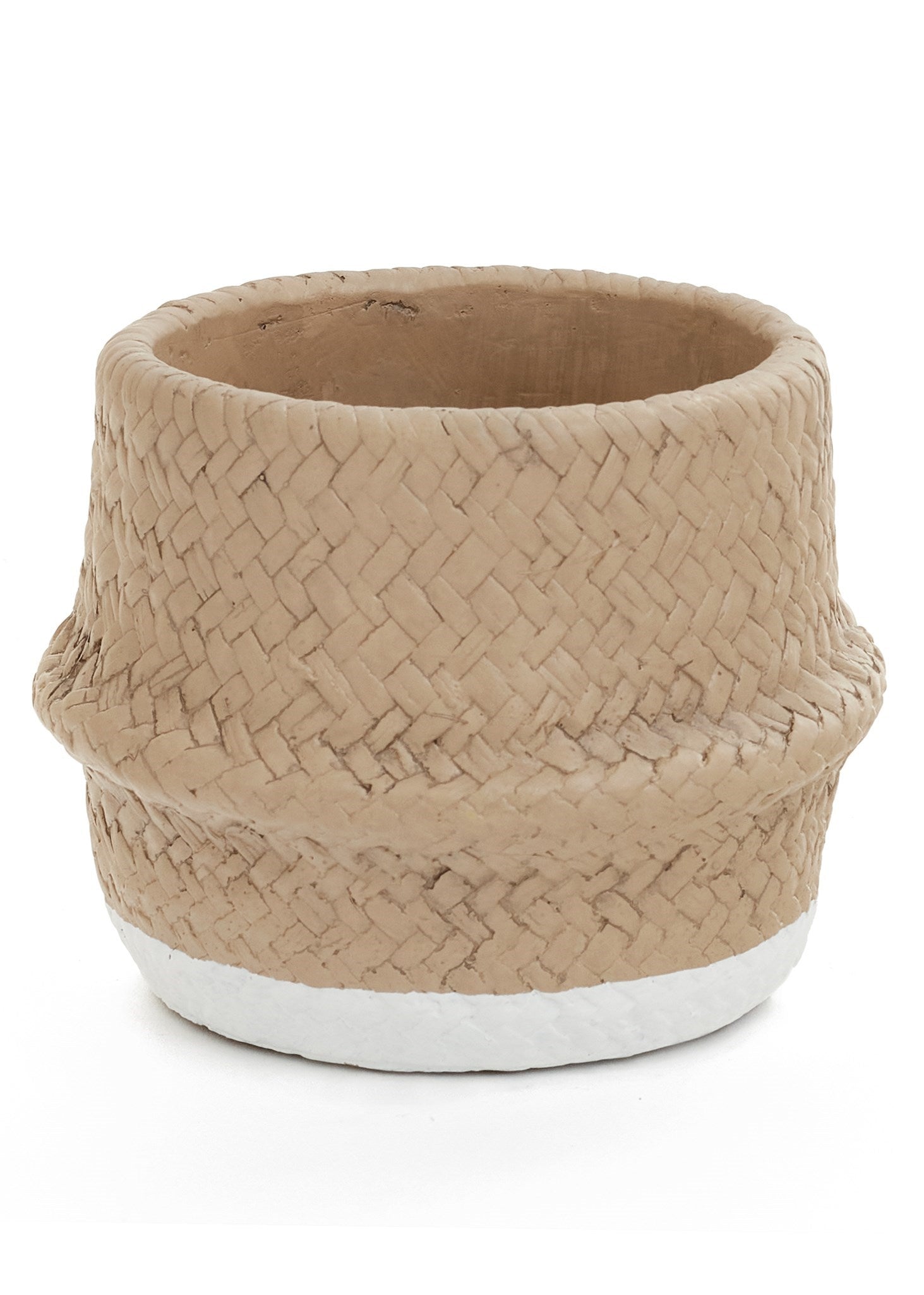 beige and white cement planter that looks woven like a basket