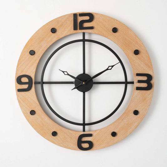 Natural Wood and Black Metal Clock 24"